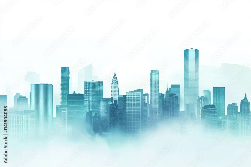Abstract cityscape background with skyscrapers and fog, a blue-green gradient color on a white background. Abstract cityscape background with skyscrapers and fog, a blue-green gradient color on a white background.
