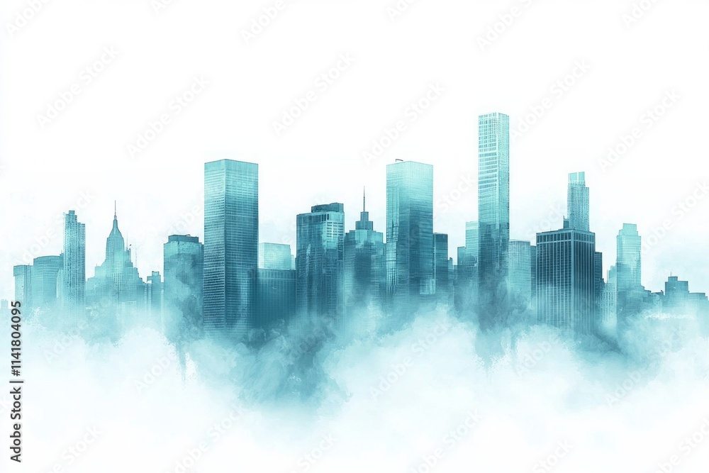 Abstract cityscape background with skyscrapers and fog, a blue-green gradient color on a white background. Abstract cityscape background with skyscrapers and fog, a blue-green gradient color on a white background.