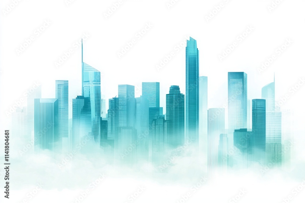 Abstract cityscape background with skyscrapers and fog, a blue-green gradient color on a white background. Abstract cityscape background with skyscrapers and fog, a blue-green gradient color on a white background.