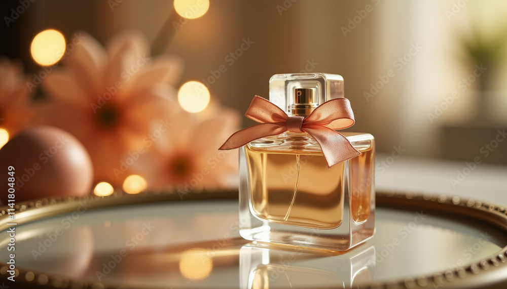Enchanting fragrance bottle with delicate ribbon in a cozy setting radiates warmth and elegance during golden hour light Enchanting fragrance bottle with delicate ribbon in a cozy setting radiates warmth and elegance during golden hour light