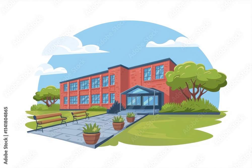 A brick school building with trees and benches A brick school building with trees and benches