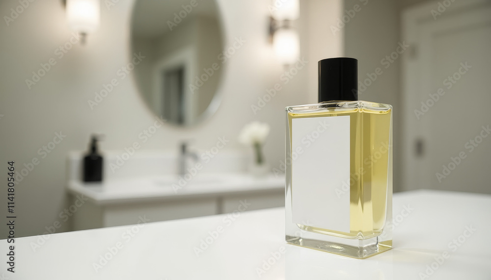 Elegance captured in a delicate perfume bottle amidst a serene bathroom setting creating an atmosphere of surprise and allure Elegance captured in a delicate perfume bottle amidst a serene bathroom setting creating an atmosphere of surprise and allure