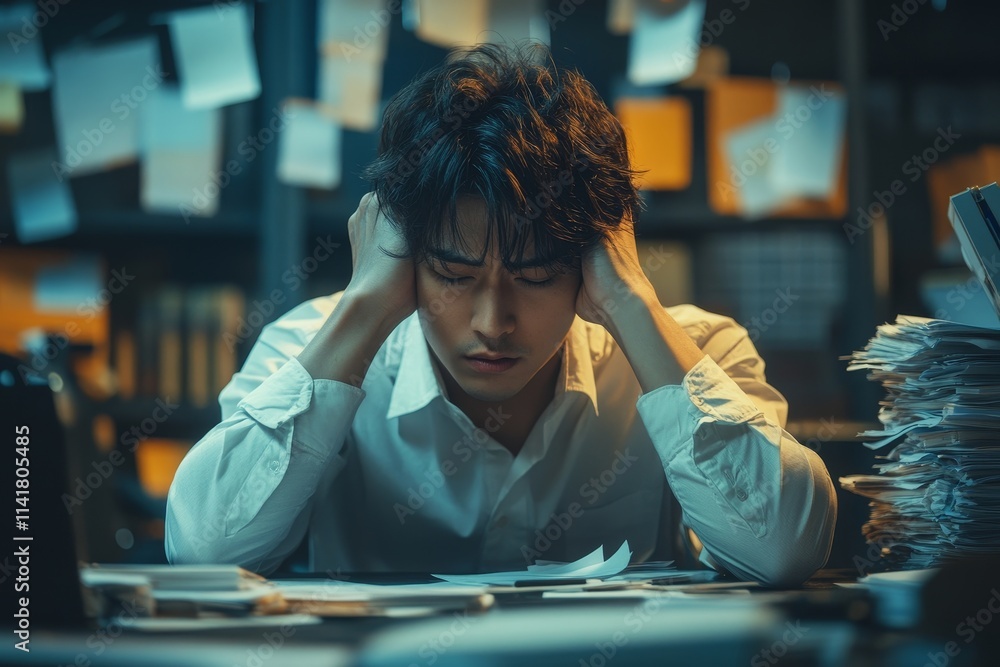 lay off workers. Sad fired Businessman feeling stress after losing his job in the office, Generative AI lay off workers. Sad fired Businessman feeling stress after losing his job in the office, Generative AI