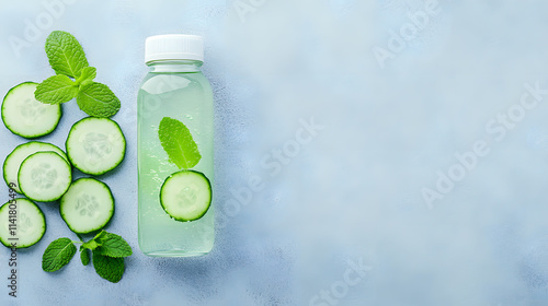 A bottle of sparkling water with cucumber and mint served in a refreshing and healthy way, perfect for summer hydration, wellness, and natural flavors, ideal for promoting a healthy lifestyle and refr photo