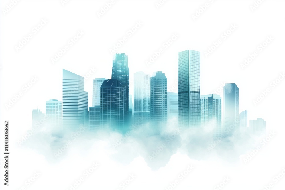 Abstract cityscape background with skyscrapers and fog, a blue-green gradient color on a white background. Abstract cityscape background with skyscrapers and fog, a blue-green gradient color on a white background.