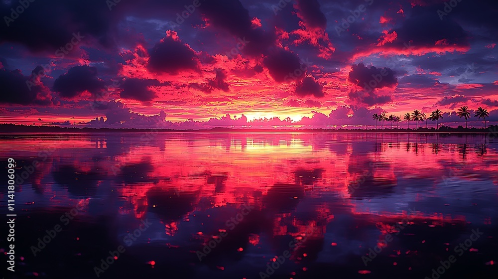 Vibrant Sunset Reflecting on Calm Tropical Waters Vibrant Sunset Reflecting on Calm Tropical Waters