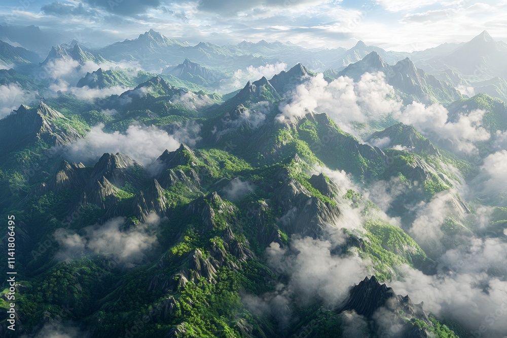 Obraz premium Aerial view of a mountain range surrounded by clouds and mist, towering into the sky. The green peaks stand tall in the sunlight under blue skies
