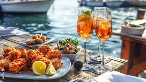 Aperol spritz cocktails and snacks by the sea.