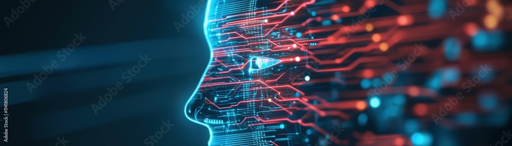 Obraz premium AI Futuristic Tech Human Face Data Stream Circuitry