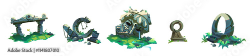 Ancient ruin of old lost civilization buildings and statues. Cartoon vector illustration set of stone temple with green liana vines and grass in jungle. Destroyed abandoned architecture and monument.