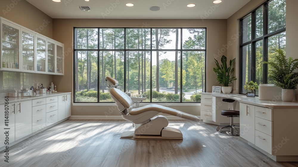 Obraz premium Modern spa treatment room with large windows overlooking a wooded area. 