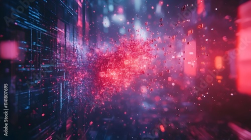 A computer generated image of a city with a red explosion in the middle