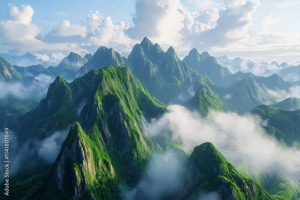 Fototapeta premium Aerial view of a mountain range surrounded by clouds and mist, towering into the sky. The green peaks stand tall in the sunlight under blue skies