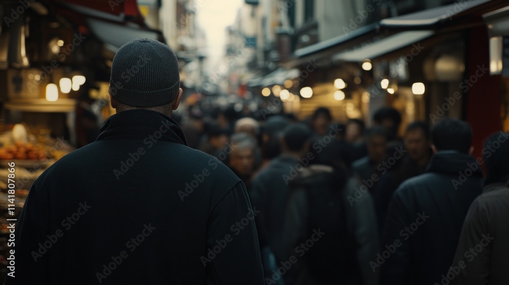 Man walking through a crowded, bustling market street at dusk. Man walking through a crowded, bustling market street at dusk.