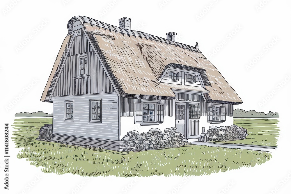 Fototapeta premium Charming Thatched Roof Cottage Countryside Home