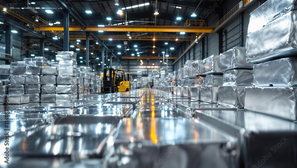 Fototapeta premium Aluminum Storage Warehouse. Modern industrial warehouse interior with stacked aluminum ingots and forklift, featuring reflective floor and overhead lighting.