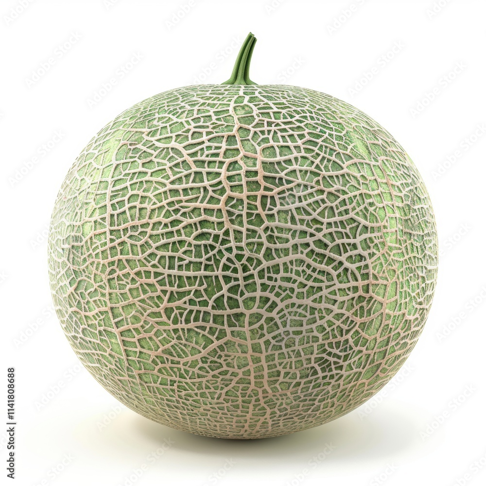 Ripe cantaloupe with a textured, netted rind and a small green stem on top, displayed against a white background. Ripe cantaloupe with a textured, netted rind and a small green stem on top, displayed against a white background.