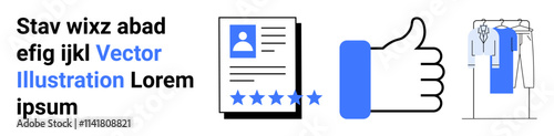 User profile with star ratings, large thumbs-up icon, clothing rack with shirts. Ideal for user reviews, feedback systems, social approval, online shopping, profiles, e-commerce landing page