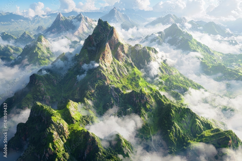 Naklejka premium Aerial view of a mountain range surrounded by clouds and mist, towering into the sky. The green peaks stand tall in the sunlight under blue skies