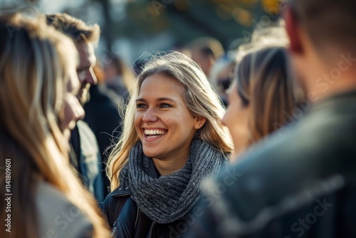 Group of friends having fun on the street in the autumn season. photo