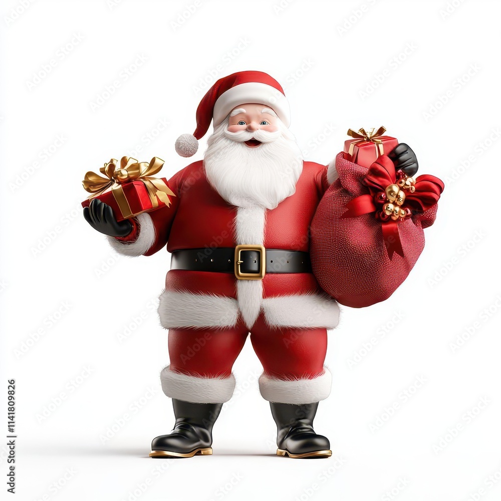 Jolly Santa Claus holding gifts and a sack full of presents. Jolly Santa Claus holding gifts and a sack full of presents.