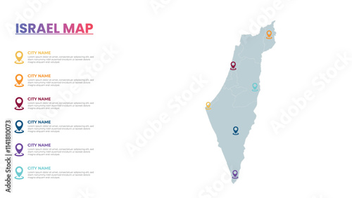 Israel Modern Map Infographic Template, Detailed infographic map of Israel Popular City