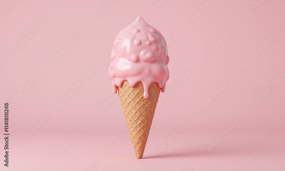 A multi-scoop ice cream cone begins to melt, but instead of dripping liquid, the ice cream transforms into blooming flowers. A multi-scoop ice cream cone begins to melt, but instead of dripping liquid, the ice cream transforms into blooming flowers.