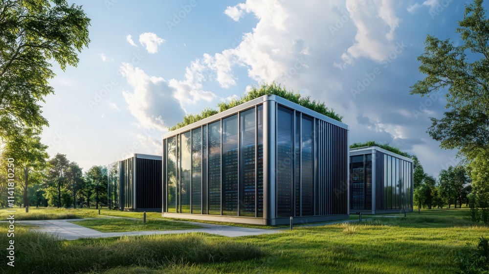 High-tech sustainable data center construction urban area architectural design green environment aesthetic perspective High-tech sustainable data center construction urban area architectural design green environment aesthetic perspective