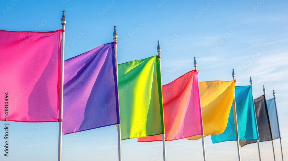 Colorful flags waving in the wind against a clear sky. Colorful flags waving in the wind against a clear sky.