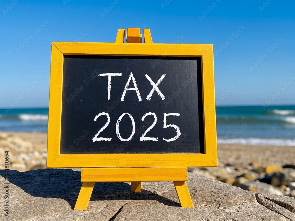 Planning tax 2025 new year symbol. Concept words Tax 2025 on beautiful yellow chalk blackboard. Beautiful stone beach blue sky background. Business tax 2025 new year concept.