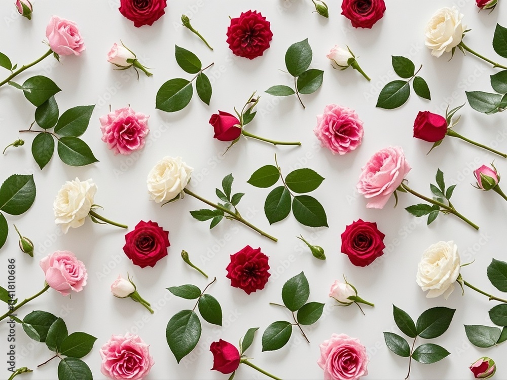 Floral pattern made of pink, red and white roses, green leaves, branches on white background. Flat lay, top view. Flowers pattern texture