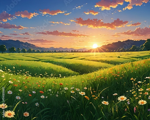 Serene Sunset Over a Lush Meadow