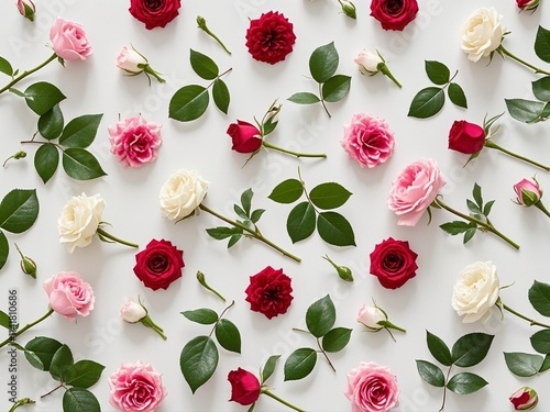 Obraz na płótnie Floral pattern made of pink, red and white roses, green leaves, branches on white background. Flat lay, top view. Flowers pattern texture w salonie