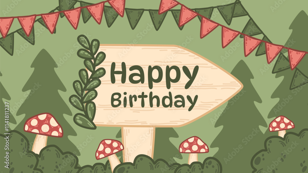 Fototapeta premium Vector banner with a green arrow pointing to a birthday party in the forest. Red mushrooms and colorful flags add a festive touch. Nature-themed design perfect for outdoor celebrations
