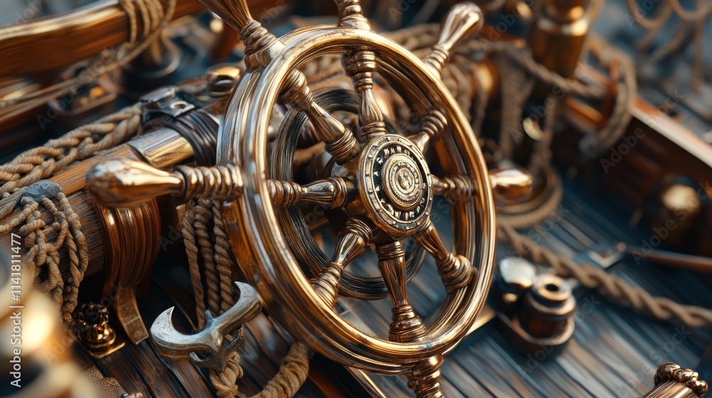 Obraz premium Close-up of an antique wooden ship's wheel with nautical ropes and details.