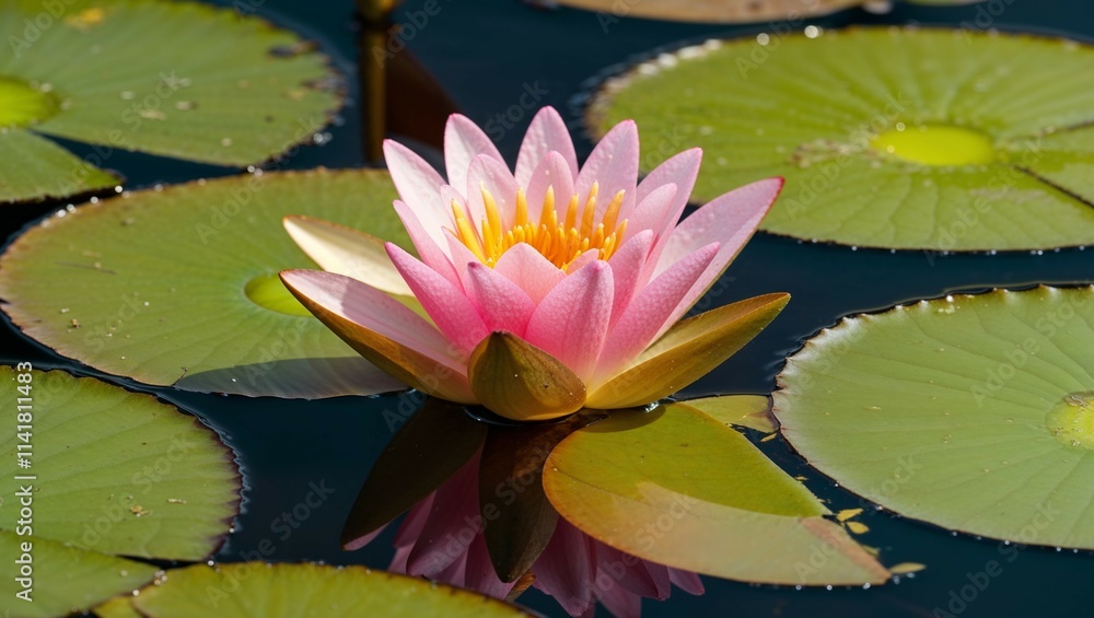 Pink water lilies bloom beautifully in the calm water of the pond, reflecting their vibrant petals in the serene surface Pink water lilies bloom beautifully in the calm water of the pond, reflecting their vibrant petals in the serene surface