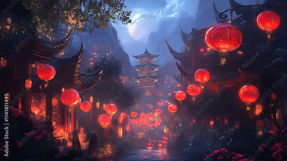 Night scene of a Chinese village with red lanterns illuminating the street and buildings along a river under a full moon. Night scene of a Chinese village with red lanterns illuminating the street and buildings along a river under a full moon.