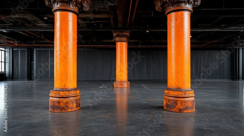 Industrial Chic Interior: Three vibrant orange pillars stand tall in a spacious, dark industrial interior, their rusty bases adding a touch of vintage charm. photo