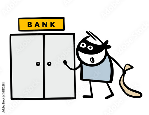 Bandit and  thief stands at the door of a bank with an empty bag.  Vector illustration of a man in a black mask stealing money, committing a crime.