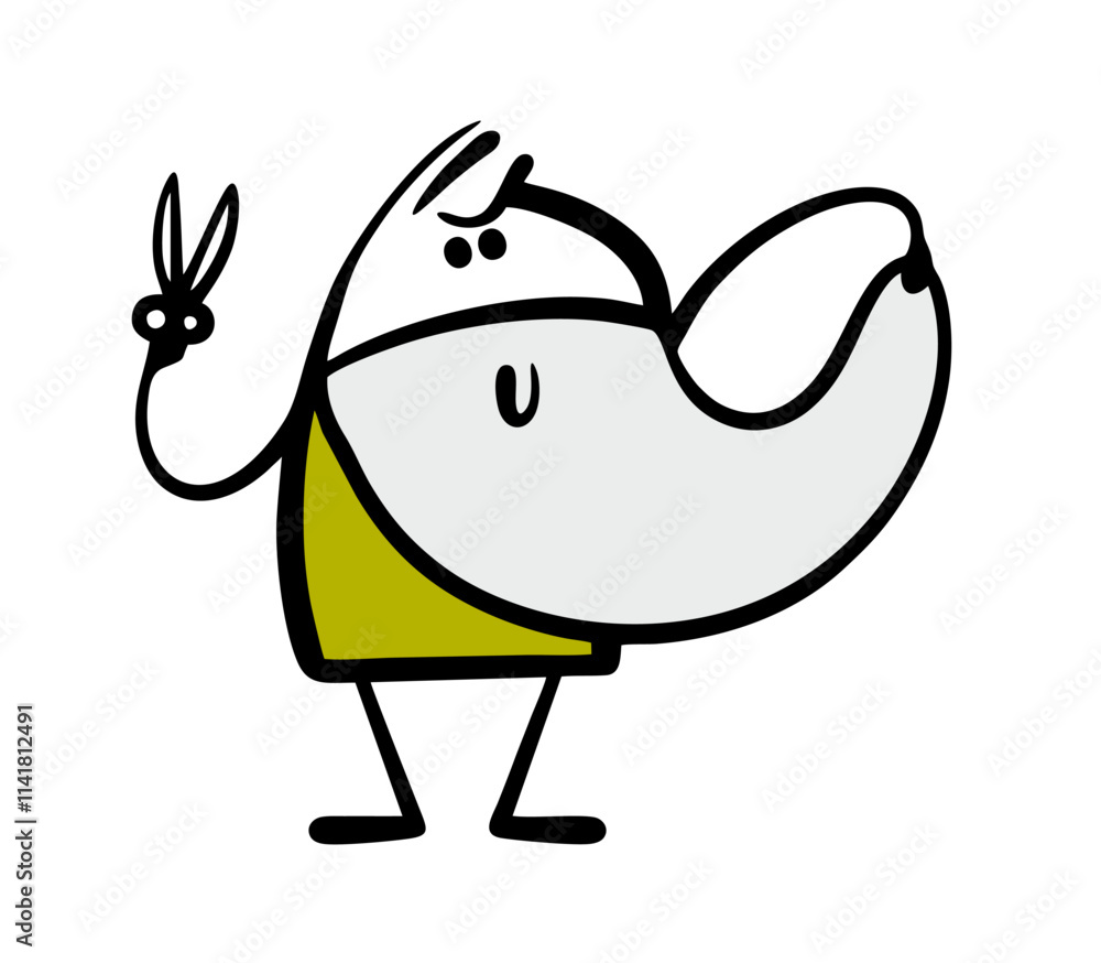 Insidious stickman with long beard holds scissors in barbershop and wants to cut his own hair. Vector illustration of man doing hairstyle, fashionable haircut. Isolated character on white. Insidious stickman with long beard holds scissors in barbershop and wants to cut his own hair. Vector illustration of man doing hairstyle, fashionable haircut. Isolated character on white.