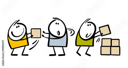 Teamwork. Vector illustration, business concept of joint creativity. Three people pass stones or bricks, build a house together. Friendly atmosphere, helpers. Isolated stickman on white background.