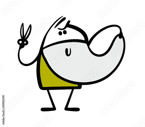 Insidious stickman with  long beard holds scissors in  barbershop and wants to cut his own hair. Vector illustration of  man doing  hairstyle, fashionable haircut. Isolated character on white.
