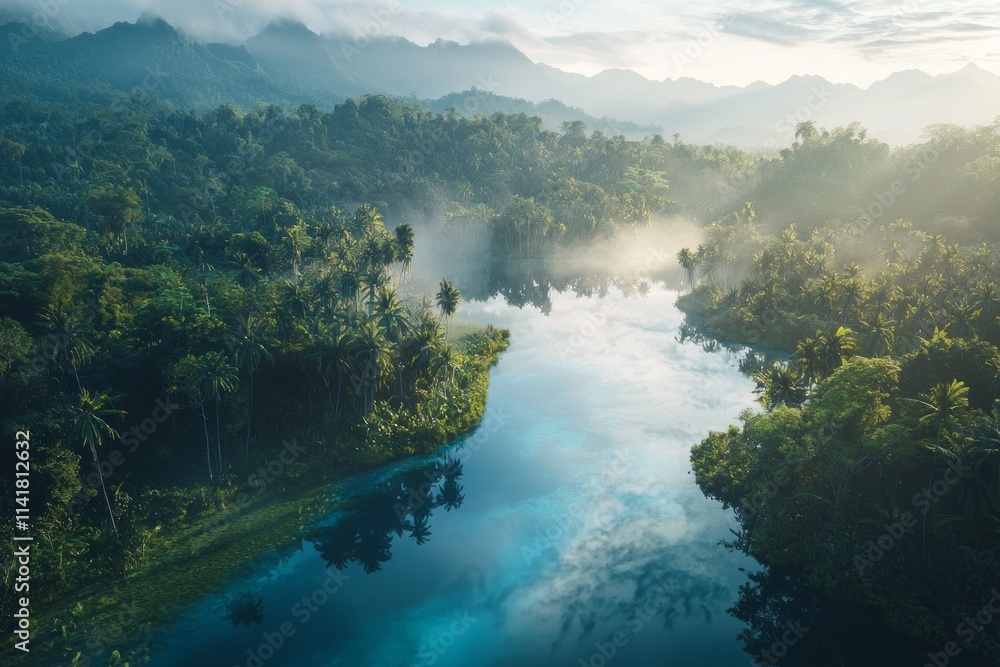 Aerial view of a blue water lake in a tropical rainforest, with a clear river and mountains in the background, under the soft light of a misty morning. Aerial view of a blue water lake in a tropical rainforest, with a clear river and mountains in the background, under the soft light of a misty morning.
