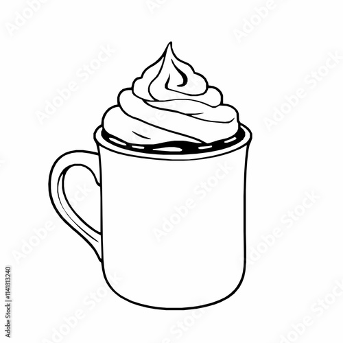 Black Outline Vector of Hot Chocolate Mug with Whipped Cream