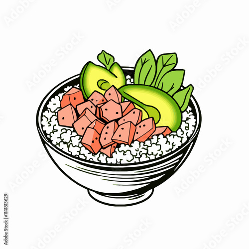 Black Outline Vector of Poke Bowl with Tuna