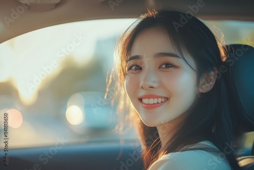 happy Asian woman driving car to journey vacation destination, Generative AI photo