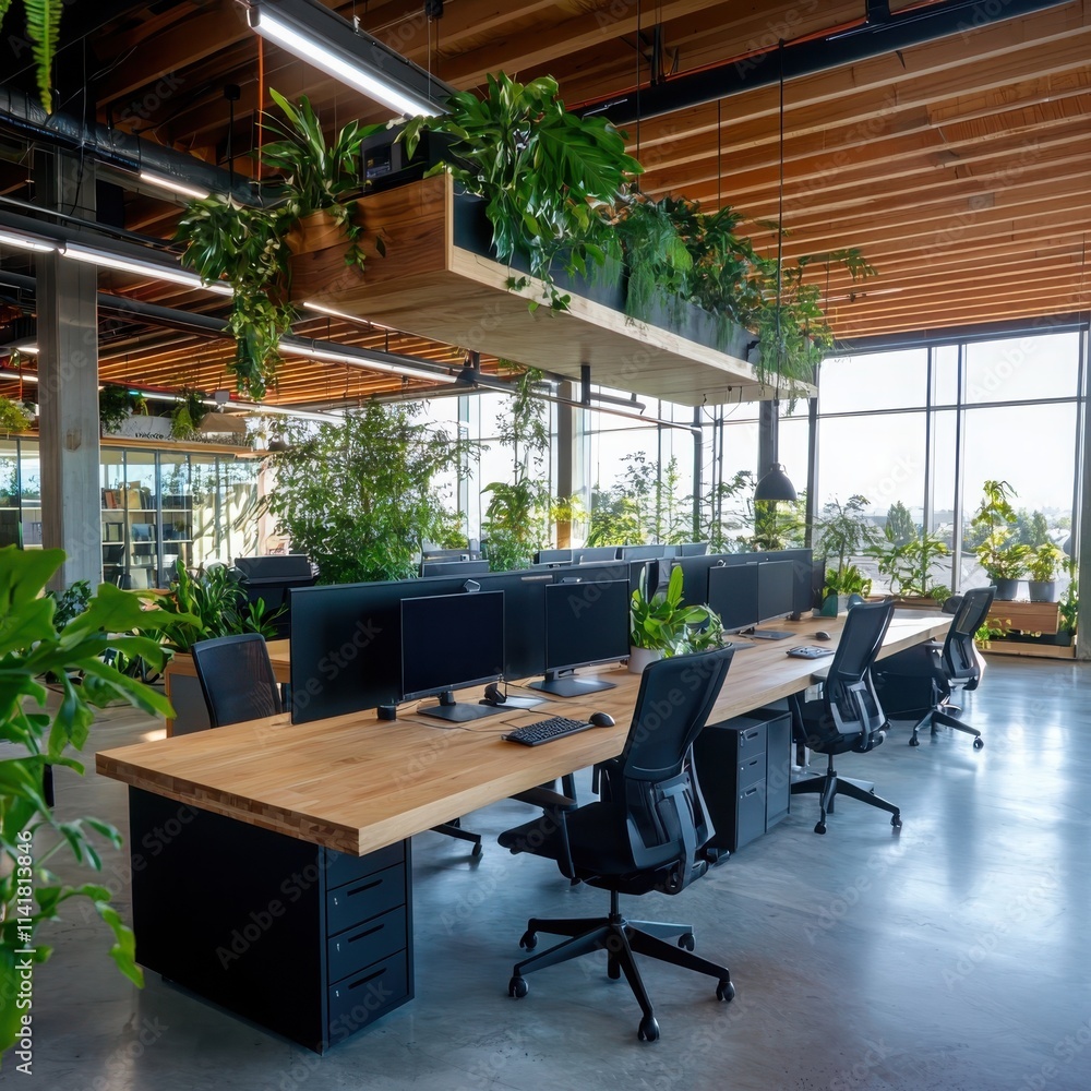 Fototapeta premium Innovative green workspace for sustainable business growth modern office environment urban setting collaborative design