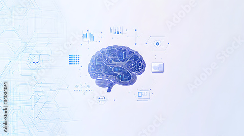 A digital brain surrounded by medical equipment and data screens, representing the intersection of healthcare and technology, ideal for concepts related to medical innovation, digital health, and neur photo