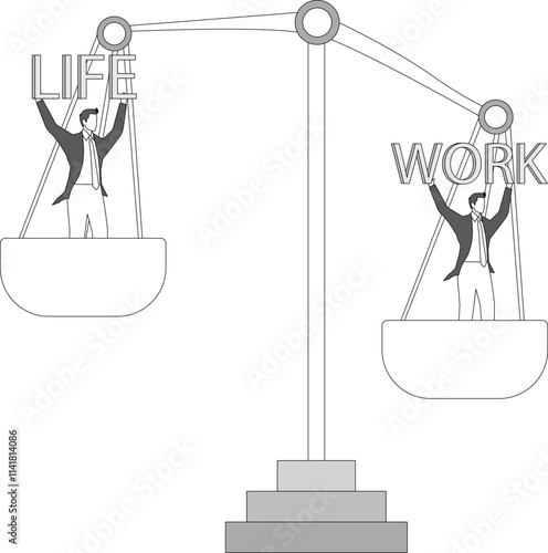 businessman holding the letter WORK and another businessman holding the letter LIFE standing on a seesaw for balance, lifestyle and work style -