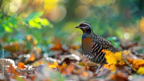 A vibrant bird with brown and blue plumage stands among colorful autumn leaves, surrounded by a softly blurred forest background.